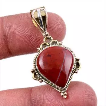 Natural Red Jasper Gemstone 925 Solid Sterling Silver Two Tone Pendant 1.5 d5e14