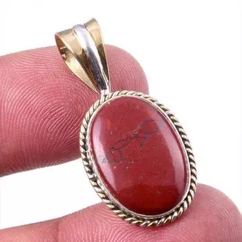 Natural Red Jasper Gemstone 925 Solid Sterling Silver TwoTone Pendant 1.25 j6V50