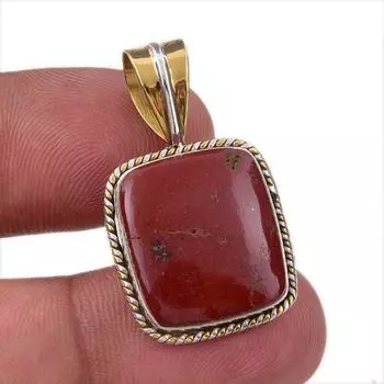 Natural Red Jasper Gemstone 925 Solid Sterling Silver TwoTone Pendant 1.25 J8j39