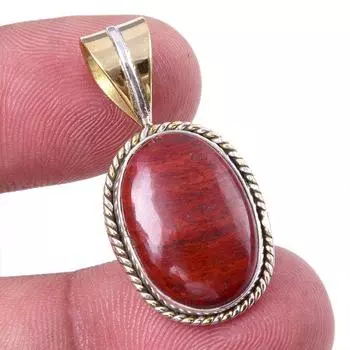 Natural Red Jasper Gemstone 925 Solid Sterling Silver TwoTone Pendant 1.25 T8K06