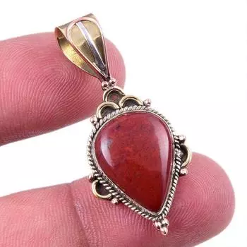 Natural Red Jasper Gemstone 925 Solid Sterling Silver TwoTone Pendant 1.50 Q2s29
