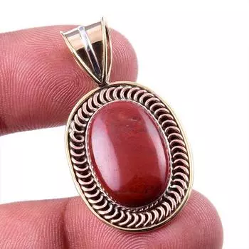 Natural Red Jasper Gemstone 925 Solid Sterling Silver TwoTone Pendant 1.50 g4U05