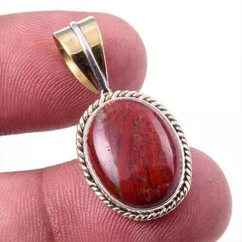 Natural Red Jasper Gemstone 925 Solid Sterling Silver TwoTone Pendant 1.25 d3M77