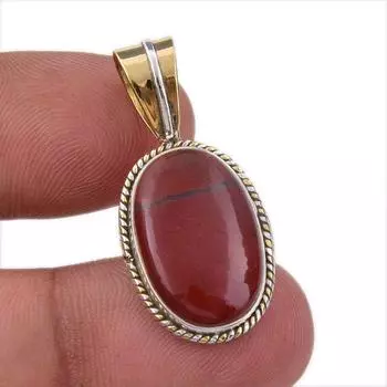 Natural Red Jasper Gemstone 925 Solid Sterling Silver TwoTone Pendant 1.25 e1U23