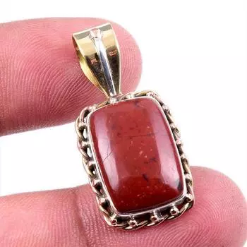 Natural Red Jasper Gemstone 925 Solid Sterling Silver TwoTone Pendant 1.25 b0L98