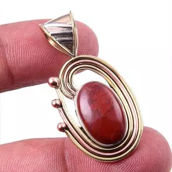 Natural Red Jasper Gemstone 925 Solid Sterling Silver TwoTone Pendant 1.50 v7Y51