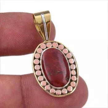 Natural Red Jasper Gemstone 925 Solid Sterling Silver TwoTone Pendant 1.50 F9b51