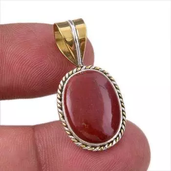 Natural Red Jasper Gemstone 925 Solid Sterling Silver TwoTone Pendant 1.25 w1V59
