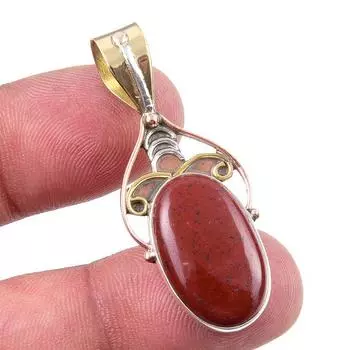 Natural Red Jasper Gemstone 925 Solid Sterling Silver TwoTone Pendant 1.75 q1c58