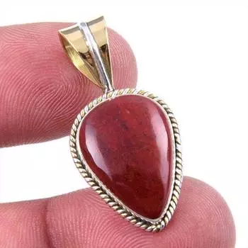 Natural Red Jasper Gemstone 925 Solid Sterling Silver TwoTone Pendant 1.25 l2g36