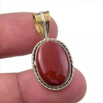 Natural Red Jasper Gemstone 925 Solid Sterling Silver TwoTone Pendant 1.25 F0P87
