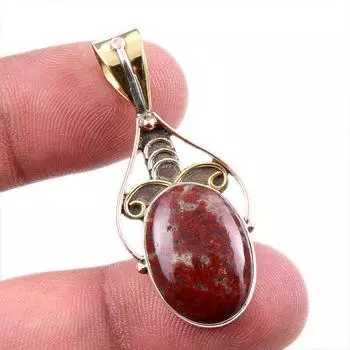 Natural Red Jasper Gemstone 925 Solid Sterling Silver TwoTone Pendant 1.75 T6J20