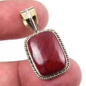 Natural Red Jasper Gemstone 925 Solid Sterling Silver TwoTone Pendant 1.25 s2O60