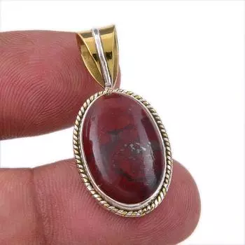 Natural Red Jasper Gemstone 925 Solid Sterling Silver TwoTone Pendant 1.25 n5D66