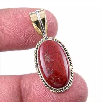 Natural Red Jasper Gemstone 925 Solid Sterling Silver TwoTone Pendant 1.25 t6e33