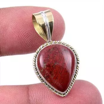 Natural Red Jasper Gemstone 925 Solid Sterling Silver TwoTone Pendant 1.25 Q8j84