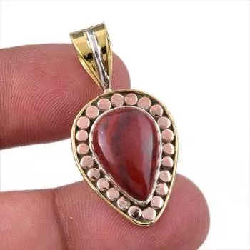 Natural Red Jasper Gemstone 925 Solid Sterling Silver TwoTone Pendant 1.50 r5K41