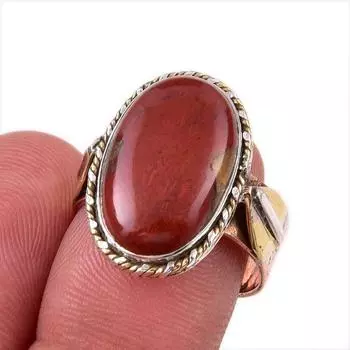 Natural Red Jasper Gemstone 925 Solid Sterling Silver Two Tone Ring S.7.5 W9C52
