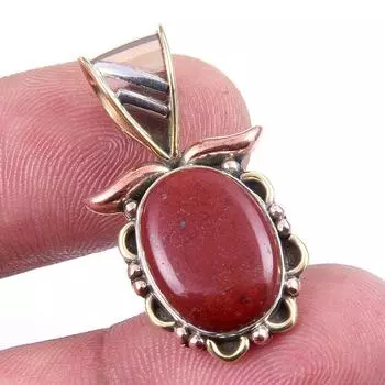 Natural Red Jasper Gemstone 925 Solid Sterling Silver TwoTone Pendant 1.25 B9O27