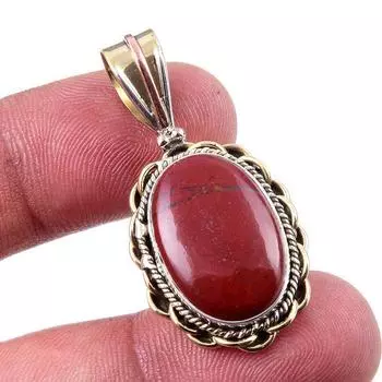 Natural Red Jasper Gemstone 925 Solid Sterling Silver TwoTone Pendant 1.50 D3v60