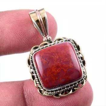 Natural Red Jasper Gemstone 925 Solid Sterling Silver TwoTone Pendant 1.50 f8u75