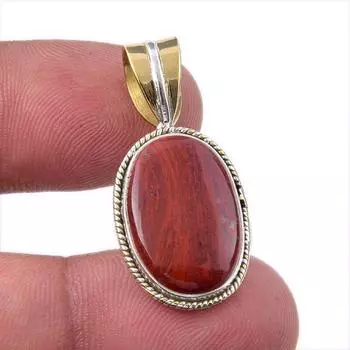 Natural Red Jasper Gemstone 925 Solid Sterling Silver TwoTone Pendant 1.25 L5h12