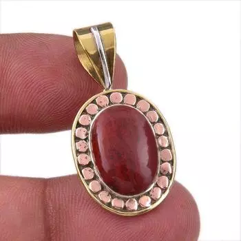 Natural Red Jasper Gemstone 925 Solid Sterling Silver TwoTone Pendant 1.50 m2c44