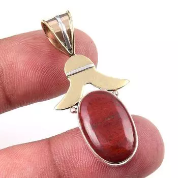 Natural Red Jasper Gemstone 925 Solid Sterling Silver TwoTone Pendant 1.75 F7r15