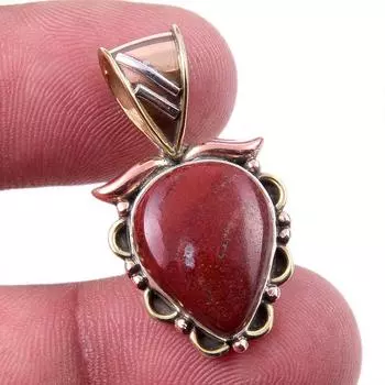 Natural Red Jasper Gemstone 925 Solid Sterling Silver TwoTone Pendant 1.25 V8B32
