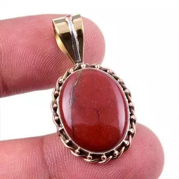 Natural Red Jasper Gemstone 925 Solid Sterling Silver TwoTone Pendant 1.25 W8b25