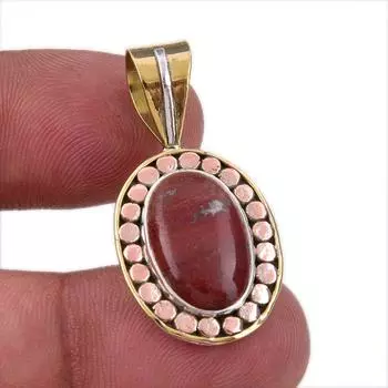 Natural Red Jasper Gemstone 925 Solid Sterling Silver TwoTone Pendant 1.25 s1Q02