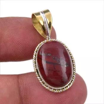 Natural Red Jasper Gemstone 925 Solid Sterling Silver TwoTone Pendant 1.25 F0G20