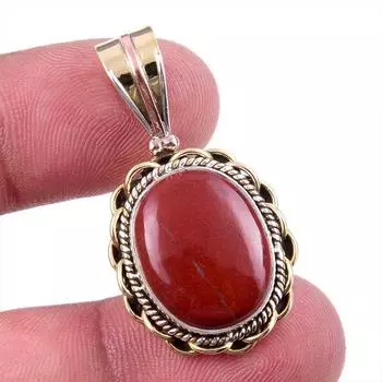 Natural Red Jasper Gemstone 925 Solid Sterling Silver TwoTone Pendant 1.50 H5S10