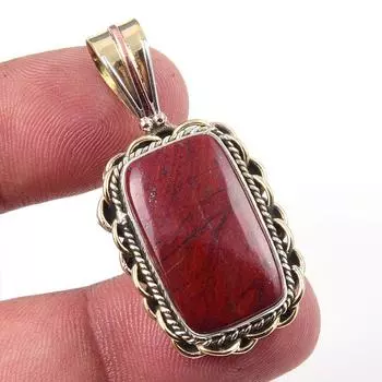 Natural Red Jasper Gemstone 925 Solid Sterling Silver TwoTone Pendant 1.50 C2u27