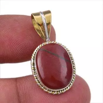 Natural Red Jasper Gemstone 925 Solid Sterling Silver TwoTone Pendant 1.25 B2H24