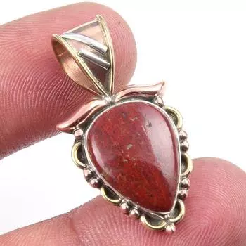 Natural Red Jasper Gemstone 925 Solid Sterling Silver TwoTone Pendant 1.25 I1T61