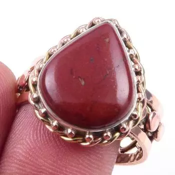 Natural Red Jasper Gemstone Handmade 925 Sterling Silver Two Tone Ring S.10 L6D62