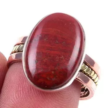 Natural Red Jasper Gemstone Handmade 925 Sterling Silver Two Tone Ring S.8 u7o70