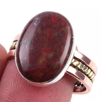 Natural Red Jasper Gemstone Handmade 925 Sterling Silver Two Tone Ring S.9 L4W36