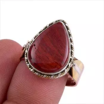 Natural Red Jasper Gemstone Two Tone 925 Sterling Silver Jewelry Ring S.9 S6W63