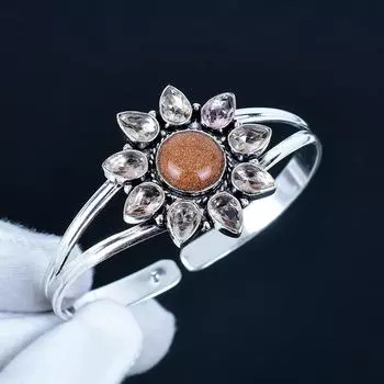 Natural Red Sunstone Gemstone Handmade Cuff Bangle 925 Sterling Silver Cuff Bangle, Morganite Flower Shape Bracelet For Wife, Unisex Bangle 7 красный