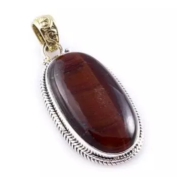 Natural Red Tiger s Eye Gemstone 925 Sterling Silver Two Tone Pendant 1.6 T6w20