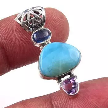 Natural Republic Larimar, Amethyst 925 Solid Sterling Silver Pendant 1.25 i9P36