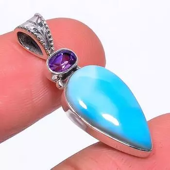 Natural Republic Larimar, Amethyst 925 Solid Sterling Silver Pendant 1.34 w8D30