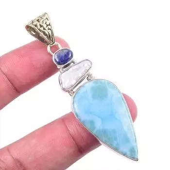 Natural Republic Larimar,Biwa Pearl Gemstone 925 Solid Silver Pendant 2.50 F9e93