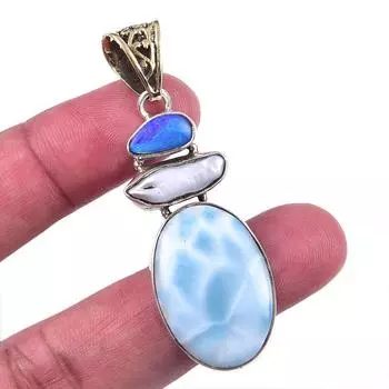 Natural Republic Larimar,Biwa Pearl Gemstone 925 Solid Silver Pendant 2.25 Y1z56