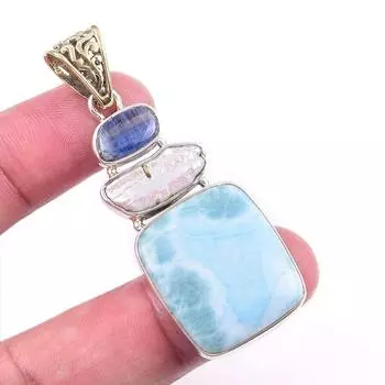 Natural Republic Larimar,Biwa Pearl Gemstone 925 Solid Silver Pendant 2.25 Y9C31