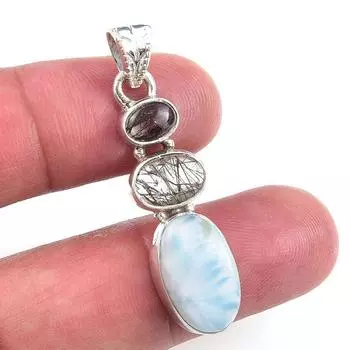 Natural Republic Larimar,Black Rutile 925 Solid Silver Gift Pendant 1.75 y1M21