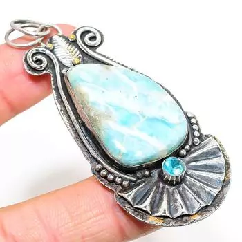 Natural Republic Larimar,Blue Topaz Stone 925 Sterling Silver Pendant 3.15 V6O27