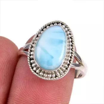 Natural Republic Larimar Gemstone 925 Sterling Silver Jewelry Ring Size 7.5 R6q90